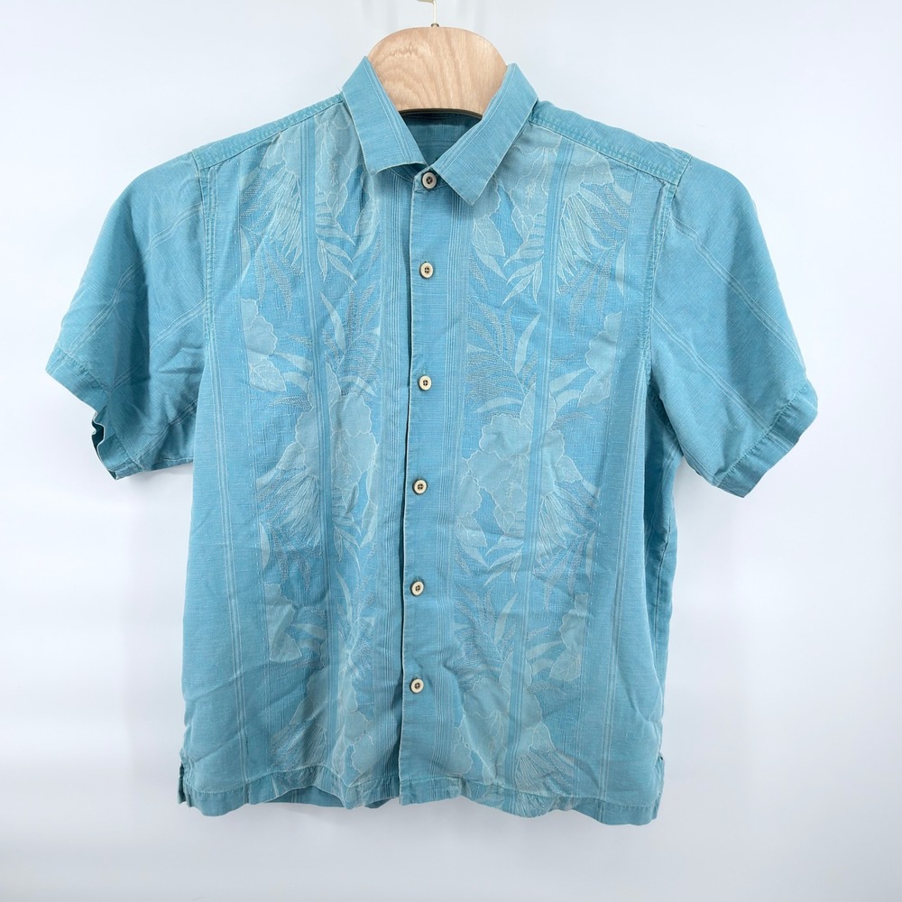Tommy Bahama Shirt Mens XL Blue Embroidered Floral Panel Short Sleeve Button Up